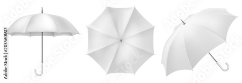 Template of white umbrella in three views isolated on white background. Vector illustration.
