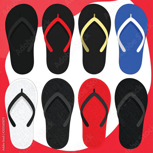 Collection of colorful flip flops.