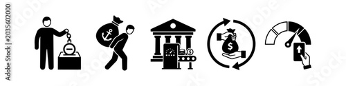 Cuadro en lienzo Black and white financial icon set representing debt burden, money circulation, credit score improvement, central banking, and financial loss