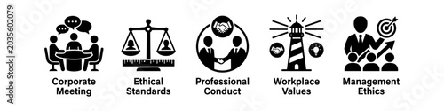 Fotografia A collection of black vector icons representing corporate ethics, including meeting, ethical standards, professional conduct, workplace values, and management ethics on a white background