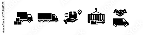 Set of logistics and delivery icons featuring trucks, shipping containers, express delivery, and business partnership symbols. Professional vector graphics for supply chain and transportation.