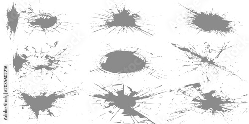 Schilderij op canvas Abstract black ink splatter bursts, grunge explosion marks, distressed paint splashes, monochrome cracked texture, chaotic artistic stains on white background design vector