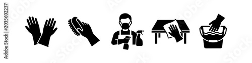 Photography A set of black and white icons representing various cleaning and disinfection tasks, including wearing gloves, scrubbing, spraying, and wiping surfaces to maintain hygiene