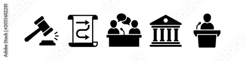 Obraz na płótnie Set of law and government icons featuring a gavel, legislative scroll, debate, courthouse, and public speaker