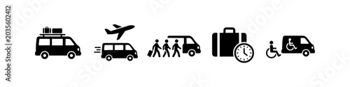 Photos Set of travel and shuttle transport icons featuring airport transfer, group travel, luggage service, and accessible wheelchair transportation