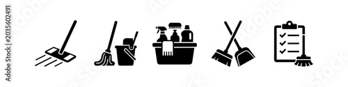 Quadro su tela Set of black cleaning icons featuring a mop, bucket, cleaning supplies, broom, and checklist