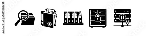 Foto Set of black and white icons for document management and data storage, featuring search folders, office binders, secure safe, and network server symbols for organized business records