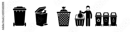Photos Black trash can and recycling bin icons set on white background