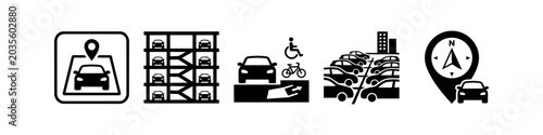 Billede på lærred Set of black and white icons representing car parking and navigation, featuring multi-story garages, accessible spaces, location pins, and city parking lots for urban transportation design