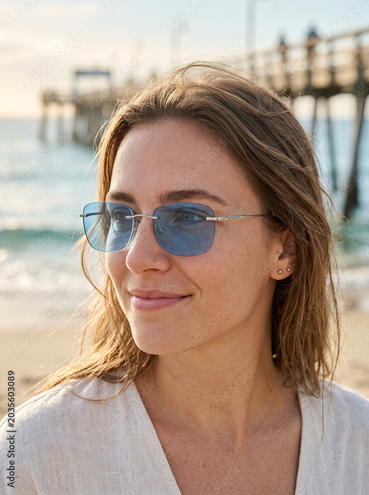 Obraz premium Portrait of a stylish woman with sunglasses on the beach