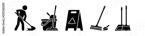 Photos Set of black janitorial and cleaning service icons featuring a person mopping, a mop bucket, a wet floor sign, a broom, and a dustpan