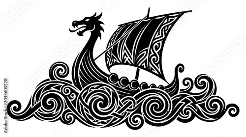 A silhouette of a Viking drakkar ship featuring intricate Celtic knotwork patterns on the sail and swirling ocean waves, styled for logos or tattoos.
