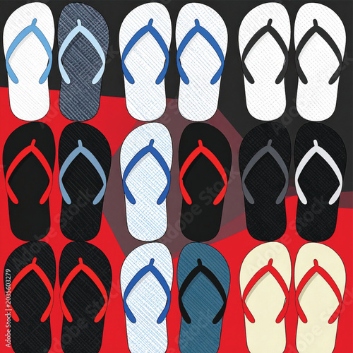 Collection of colorful flip flops.
