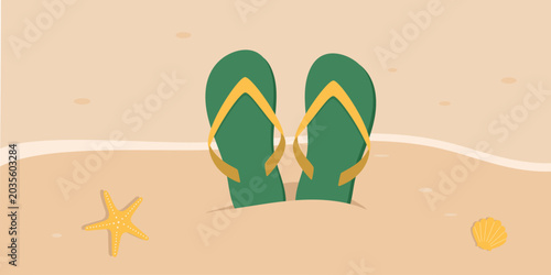 Green Flip flops on the sandy beach. Summer vector illustration for banner, card, invitation, sale.