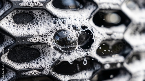 Detail of car washing process with soap suds and water drops on grill
