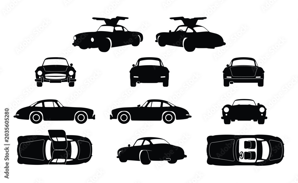 Obraz premium 1950s Classic German Sports Coupe Gullwing Style Silhouette Set — Retro Automobile Black Icons Multiple Views Isolated