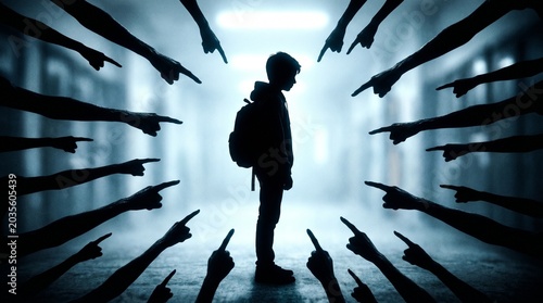 School bullying and peer pressure concept. Silhouette of a young boy with a backpack surrounded by accusing pointing fingers