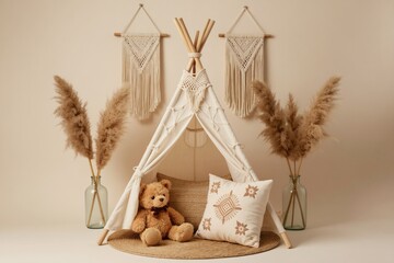Boho style teepee tent setup with teddy bear and pampas grass. Neutral tones create a cozy atmosphere for children photos. Perfect for first birthday celebrations.