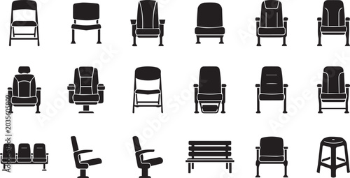 Stadium Seats and Arena Chairs Vector Icons Set, Grandstand Seating and Theater Armchair Silhouette Collection