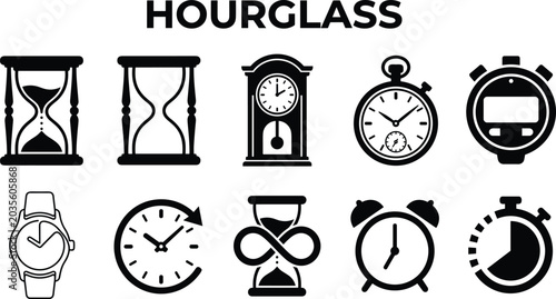 Foto Collection of timekeeping devices including hourglasses clocks and watches on wh