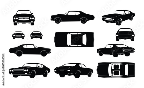 Canvastavla 1970s Classic Muscle Coupe Car Silhouette Set — Retro American Performance Autom