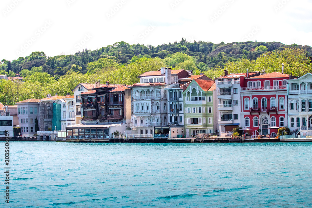 Obraz premium Famous colorful mansions of Yeniköy. Historical mansions on the shores of the Bosphorus. Touristic architectural buildings