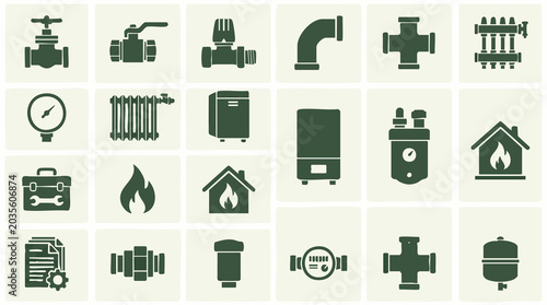 Bild auf Leinwand Set of Heating and Plumbing System Flat Icons