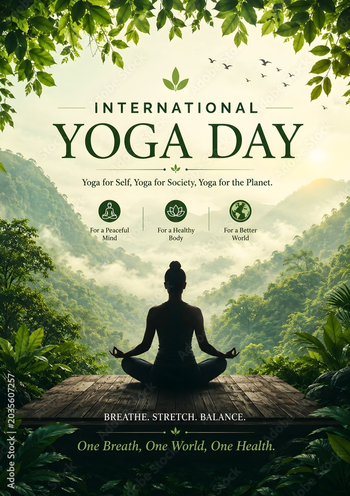 Obraz premium International Yoga Day poster with silhouette of woman meditating in nature