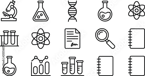 Canvas Print Science, research icons, laboratory microscope and experiment symbols with editable outline stroke style for medical analysis and education design