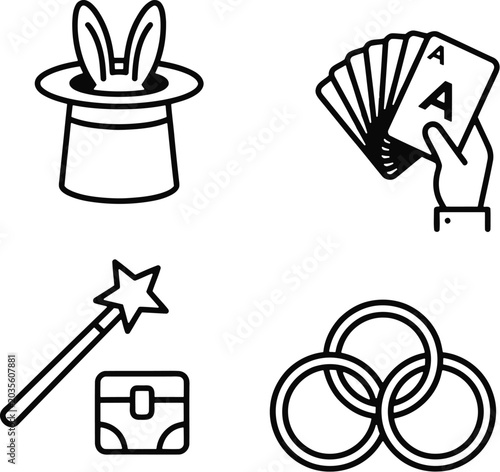 Canvastavla Magical icons set featuring top hat playing cards wand and rings for design and