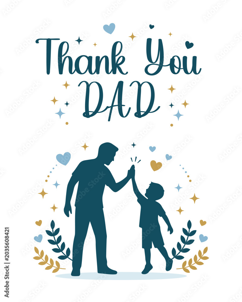 Naklejka premium Thank You Dad Typography Poster With Father And Son High Five Silhouette Greeting Card Vector Illustration EPS