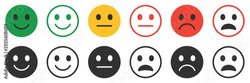 Fényképezés Happy and sad emoji icons, rating feedback emoticon set, expressive smiley faces