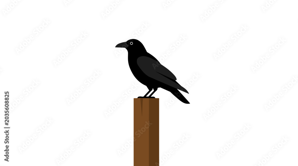 Obraz premium Black crow perched on a wooden post isolated on white background