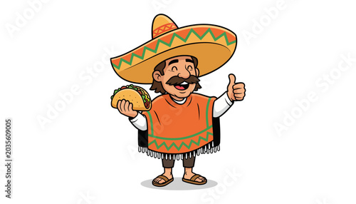 Cartoon man in sombrero holding taco gives thumbs up