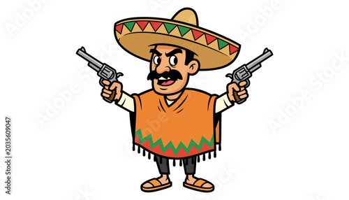 Cartoon Mexican Bandit Holding Guns