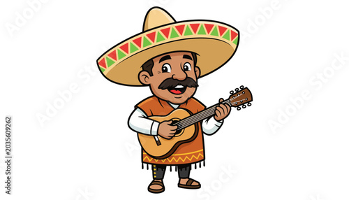 Cartoon mariachi musician playing guitar in sombrero
