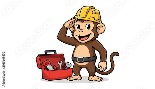 Photography Monkey Wearing Hard Hat with Toolbox Cartoon Illustration