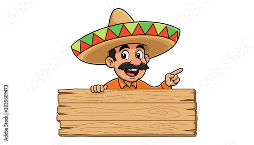Cartoon man in sombrero pointing behind sign