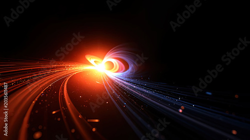 Abstract 3D rendering of a cosmic swirling vortex of glowing fire energy and fluid blue light trails over a dark background