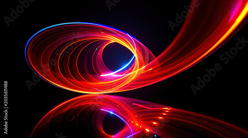 Abstract 3D rendering of a cosmic swirling vortex of glowing fire energy and fluid blue light trails over a dark background