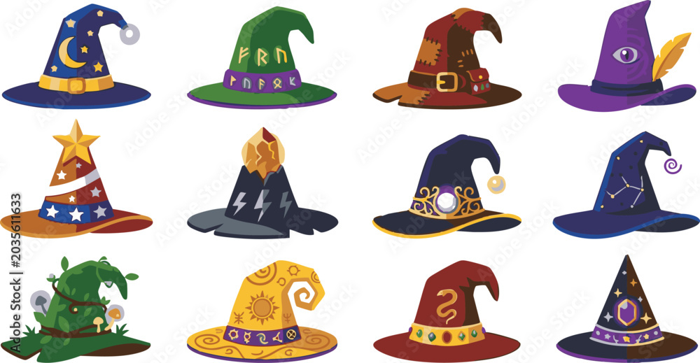 Obraz premium Magic wizard hats icons set wizardry element vector