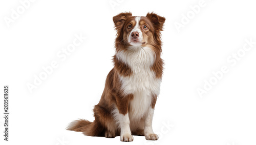 Bild auf Leinwand Isolated brown and white Border Collie dog sitting patiently, intelligent, loyal, and adorable companion