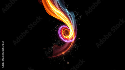 Abstract 3D rendering of a cosmic swirling vortex of glowing fire energy and fluid blue light trails over a dark background