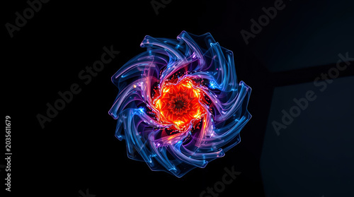 Abstract 3D rendering of a cosmic swirling vortex of glowing fire energy and fluid blue light trails over a dark background