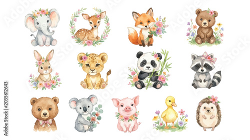 Photography Cute watercolor woodland animals with floral accents and pastel nursery style