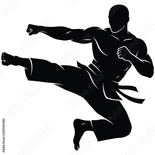 Martial arts man silhouette performs dynamic flying kick on white background isolated.