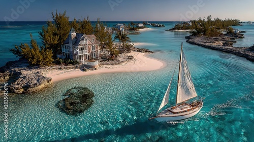 Secluded Private Tropical Island with Coastal Vacation Villa, Sailboat Navigating Crystal Clear Turquoise Waters, Idyllic Luxury Beach Getaway