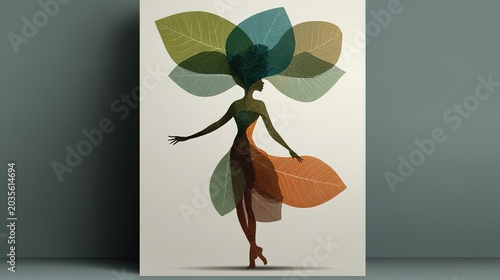 Graceful Dancing Woman Silhouette Composed of Layered Botanical Leaves, Earth Tone Organic Wall Art Decor, Nature-Inspired Minimalist Illustration
