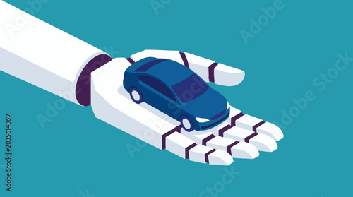 Robotic arm holding a car, symbolizing automotive automation and AI
