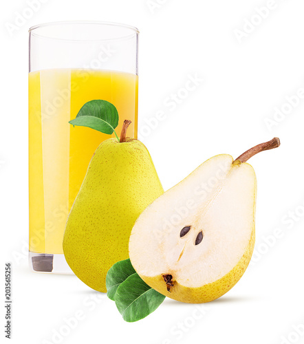 Glass of pear juice and Two fresh yellow fruit with green leaf